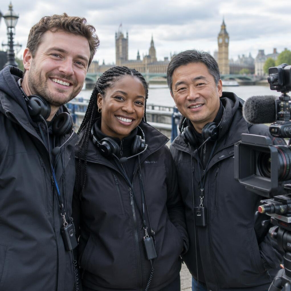 Broadcast crew laughing together next to a camera on location