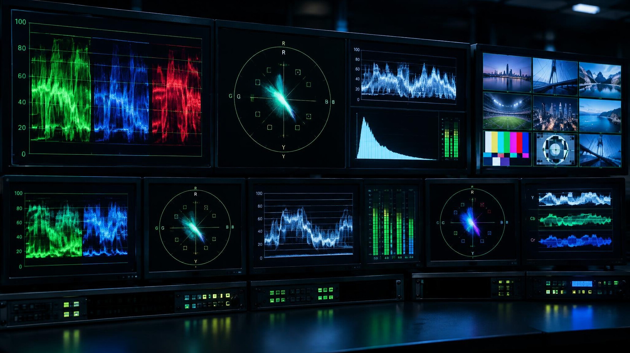 Waveform and vectorscope monitors displaying a video signal