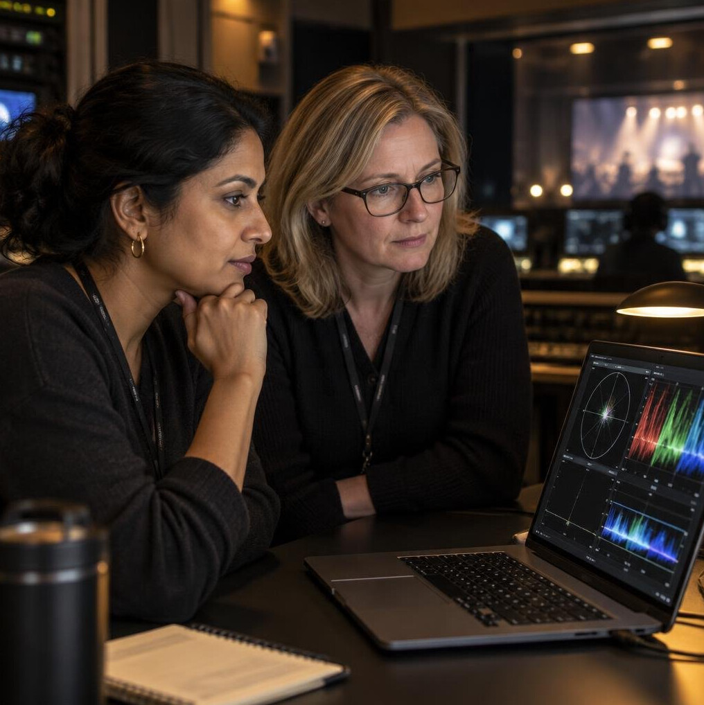 Two engineers looking at a laptop in a production gallery