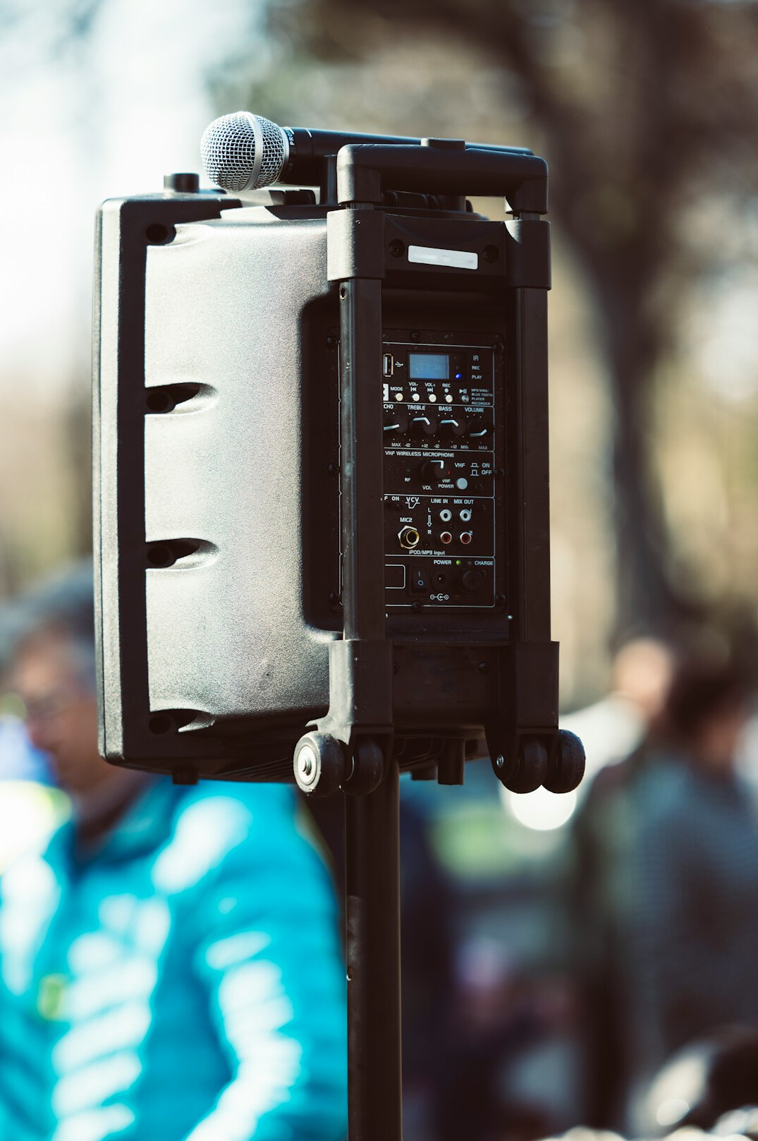 Professional broadcast camera on a tripod in a television studio