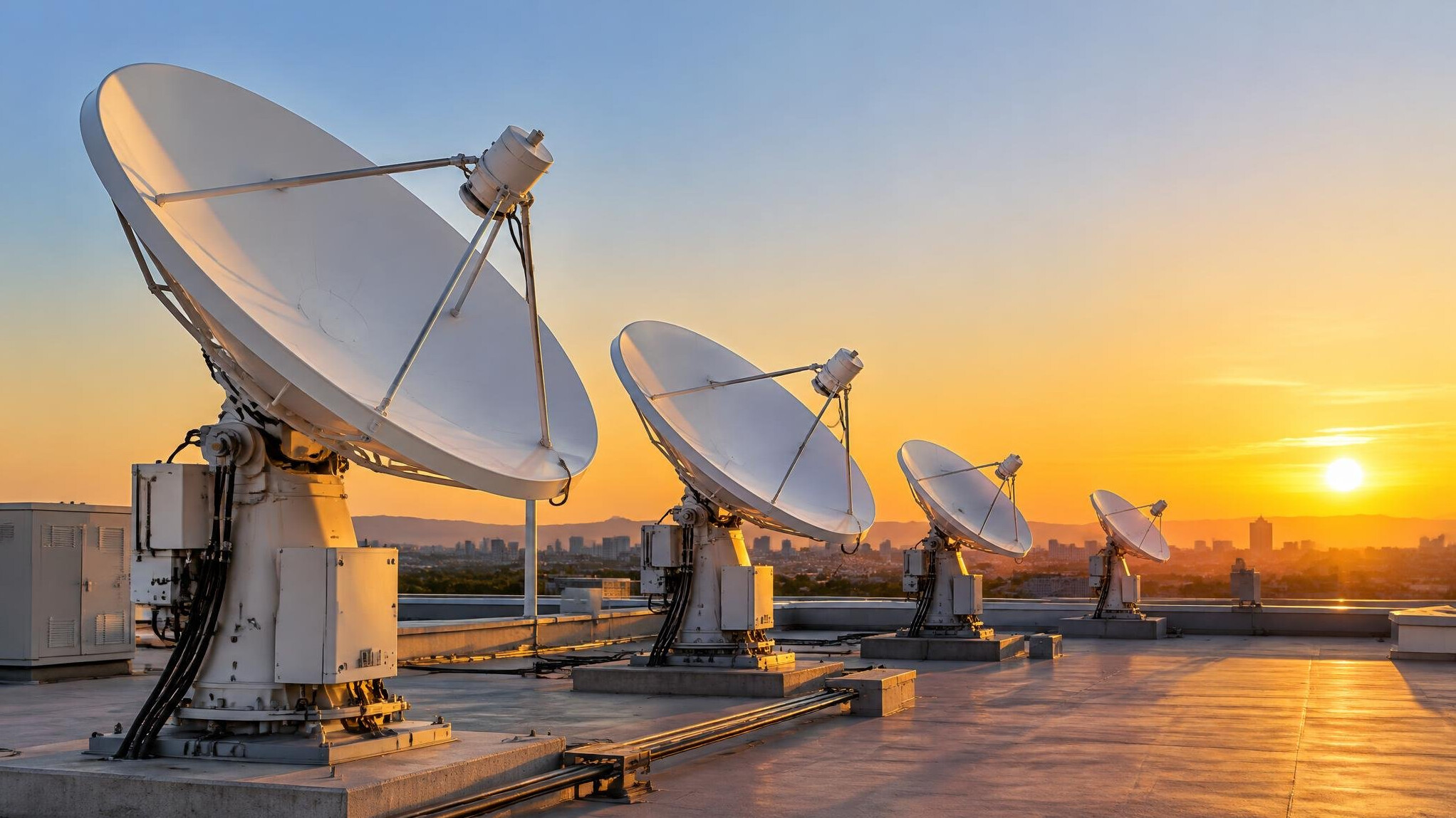 Satellite dishes pointing at the sky on a roof at sunrise